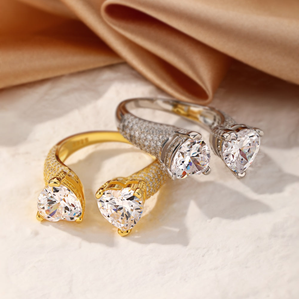 Angled view showing both gold and silver Myra rings